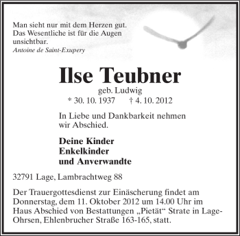 Anzeige  Ilse Teubner  Lippische Landes-Zeitung