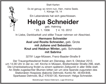 Anzeige  Helga Schneider  Lippische Landes-Zeitung