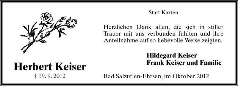  Traueranzeige für Herbert Keiser vom 06.10.2012 aus Lippische Landes-Zeitung
