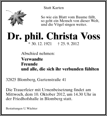 Anzeige  Christa Voss  Lippische Landes-Zeitung