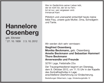 Anzeige  Hannelore Ossenberg  Lippische Landes-Zeitung