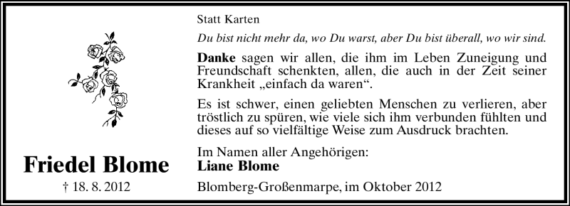  Traueranzeige für Friedel Blome vom 06.10.2012 aus Lippische Landes-Zeitung