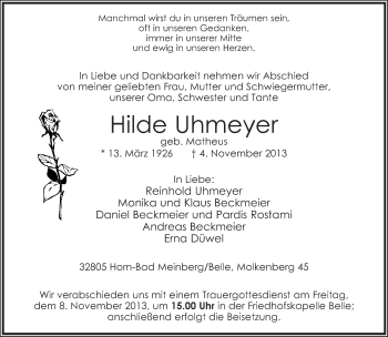 Anzeige  Hilde Uhmeyer  Lippische Landes-Zeitung