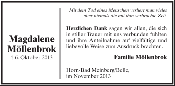 Anzeige  Magdalene Möllenbrok  Lippische Landes-Zeitung