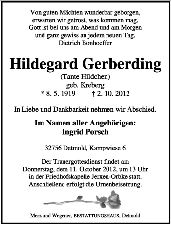 Anzeige  Hildegard Gerberding  Lippische Landes-Zeitung