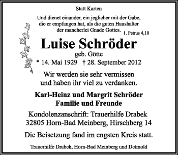 Anzeige  Luise Schröder  Lippische Landes-Zeitung