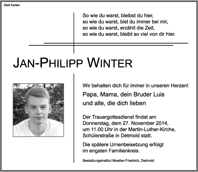  Traueranzeige für Jan-Philipp Winter vom 25.11.2014 aus Lippische Landes-Zeitung