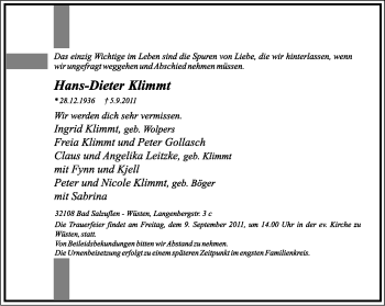 Anzeige  Hans-Dieter Klimmt  Lippische Landes-Zeitung