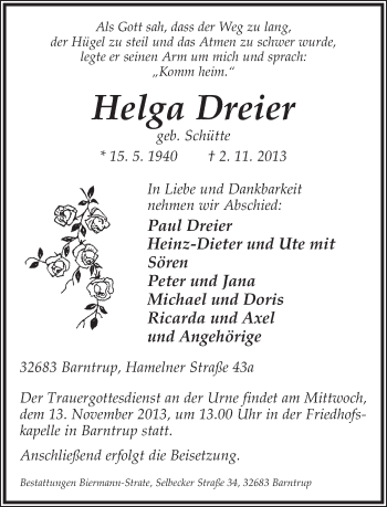 Anzeige  Helga Dreier  Lippische Landes-Zeitung