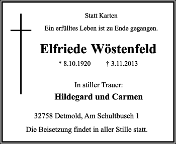 Anzeige  Elfriede Wöstenfeld  Lippische Landes-Zeitung