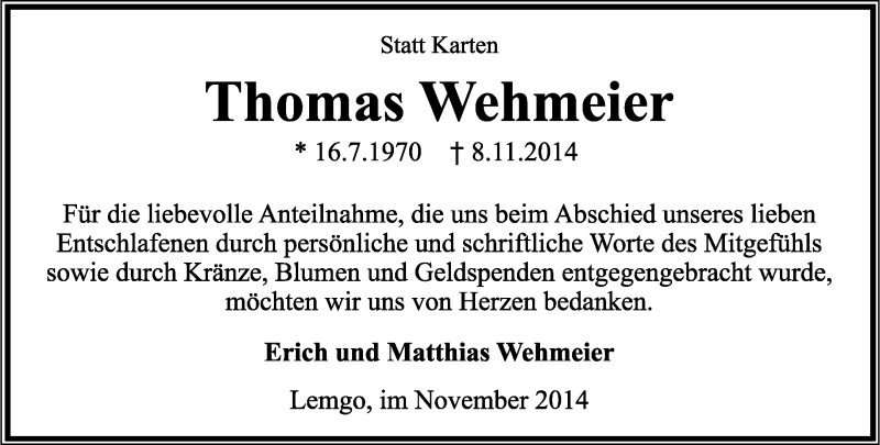  Traueranzeige für Thomas Wehmeier vom 29.11.2014 aus Lippische Landes-Zeitung