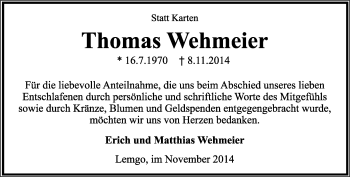 Anzeige  Thomas Wehmeier  Lippische Landes-Zeitung