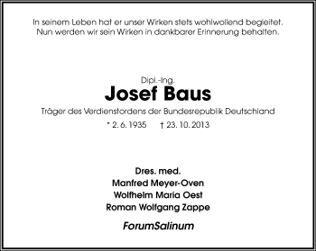 Anzeige  Josef Baus  Lippische Landes-Zeitung