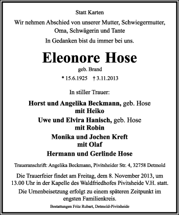 Anzeige  Eleonore Hose  Lippische Landes-Zeitung