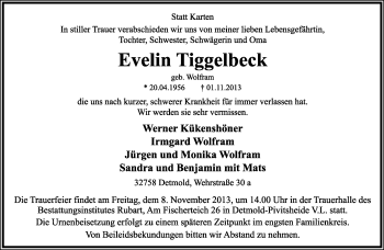 Anzeige  Evelin Tiggelbeck  Lippische Landes-Zeitung