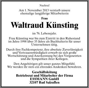 Anzeige  Waltraud Künsting  Lippische Landes-Zeitung