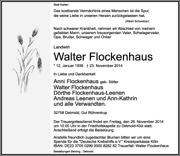 Anzeige  Walter Flockenhaus  Lippische Landes-Zeitung