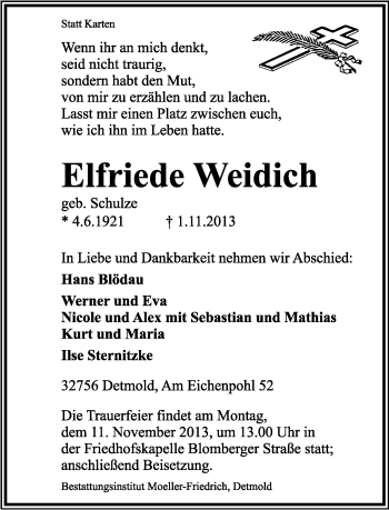 Anzeige  Elfriede Weidlich  Lippische Landes-Zeitung