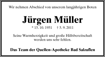 Anzeige  Jürgen Müller  Lippische Landes-Zeitung