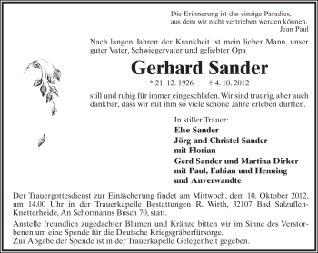 Anzeige  Gerhard Sander  Lippische Landes-Zeitung