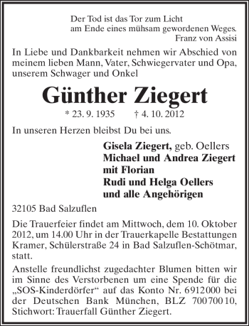 Anzeige  Günther Ziegert  Lippische Landes-Zeitung