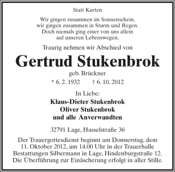 Anzeige  Gertrud Stukenbrok  Lippische Landes-Zeitung