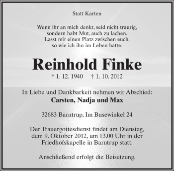 Anzeige  Reinhold Finke  Lippische Landes-Zeitung