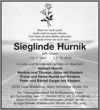 Anzeige  Sieglinde Hurnik  Lippische Landes-Zeitung