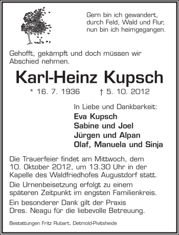 Anzeige  Karl-Heinz  Kupsch  Lippische Landes-Zeitung