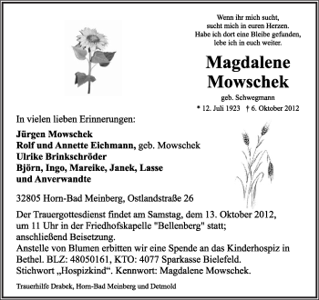 Anzeige  Magdelene Mowschek  Lippische Landes-Zeitung