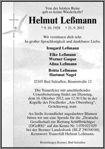 Anzeige  Helmut Leßmann  Lippische Landes-Zeitung