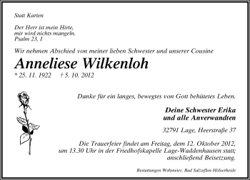 Anzeige  Anneliese Wilkenloh  Lippische Landes-Zeitung
