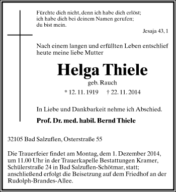 Anzeige  Helga Thiele  Lippische Landes-Zeitung