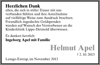 Anzeige  Helmut Apel  Lippische Landes-Zeitung