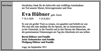 Anzeige  Eva Hübner  Lippische Landes-Zeitung