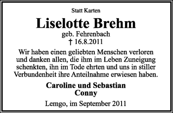 Anzeige  Liselotte Brehm  Lippische Landes-Zeitung