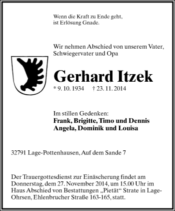 Anzeige  Gerhard Itzek  Lippische Landes-Zeitung