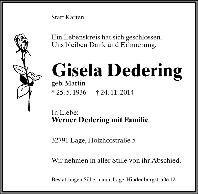  Traueranzeige für Gisela Dedering vom 29.11.2014 aus Lippische Landes-Zeitung