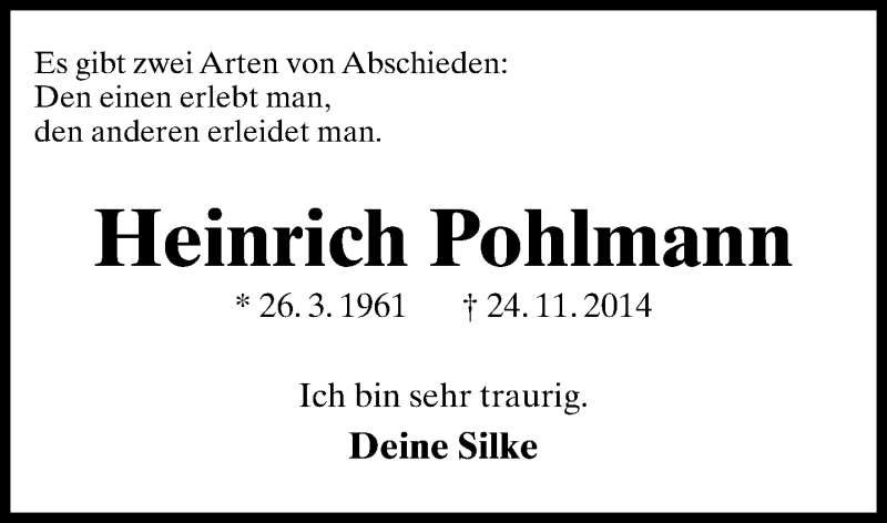  Traueranzeige für Heinrich Pohlmann vom 26.11.2014 aus Lippische Landes-Zeitung