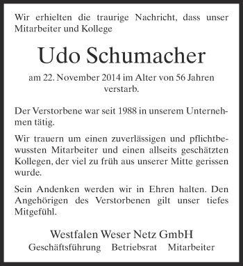 Anzeige  Udo Schumacher  Lippische Landes-Zeitung