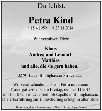 Anzeige  Petra Kind  Lippische Landes-Zeitung