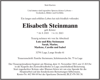 Anzeige  Elisabeth Steinmann  Lippische Landes-Zeitung