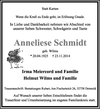 Anzeige  Anneliese Schmidt  Lippische Landes-Zeitung