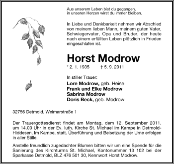 Anzeige  Horst Modrow  Lippische Landes-Zeitung