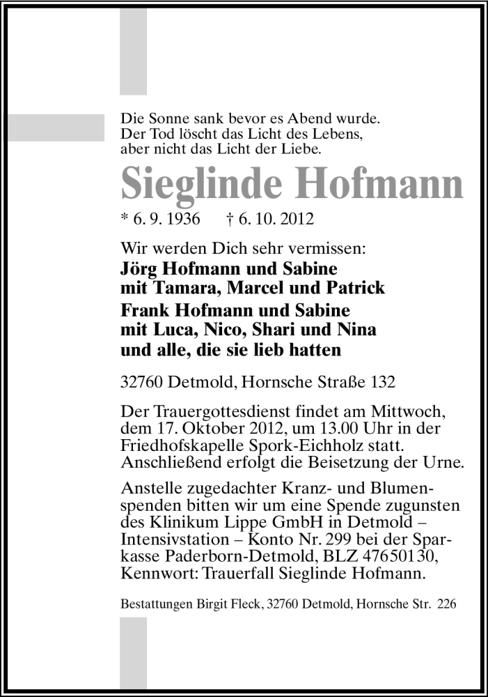  Traueranzeige für Sieglinde Hofmann vom 10.10.2012 aus Lippische Landes-Zeitung