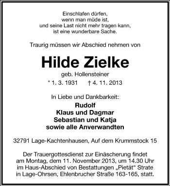 Anzeige  Hilde Zielke  Lippische Landes-Zeitung