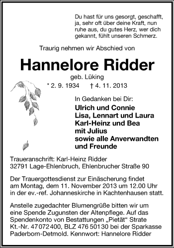 Anzeige  Hannelore Ridder  Lippische Landes-Zeitung
