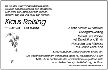 Anzeige  Klaus Reising  Lippische Landes-Zeitung
