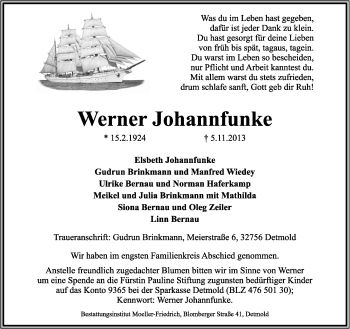 Anzeige  Werner Johannfunke  Lippische Landes-Zeitung