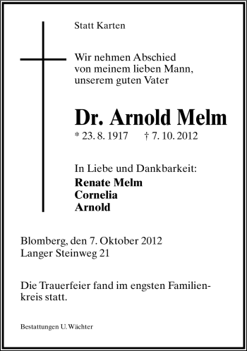 Anzeige  Arnold Melm  Lippische Landes-Zeitung